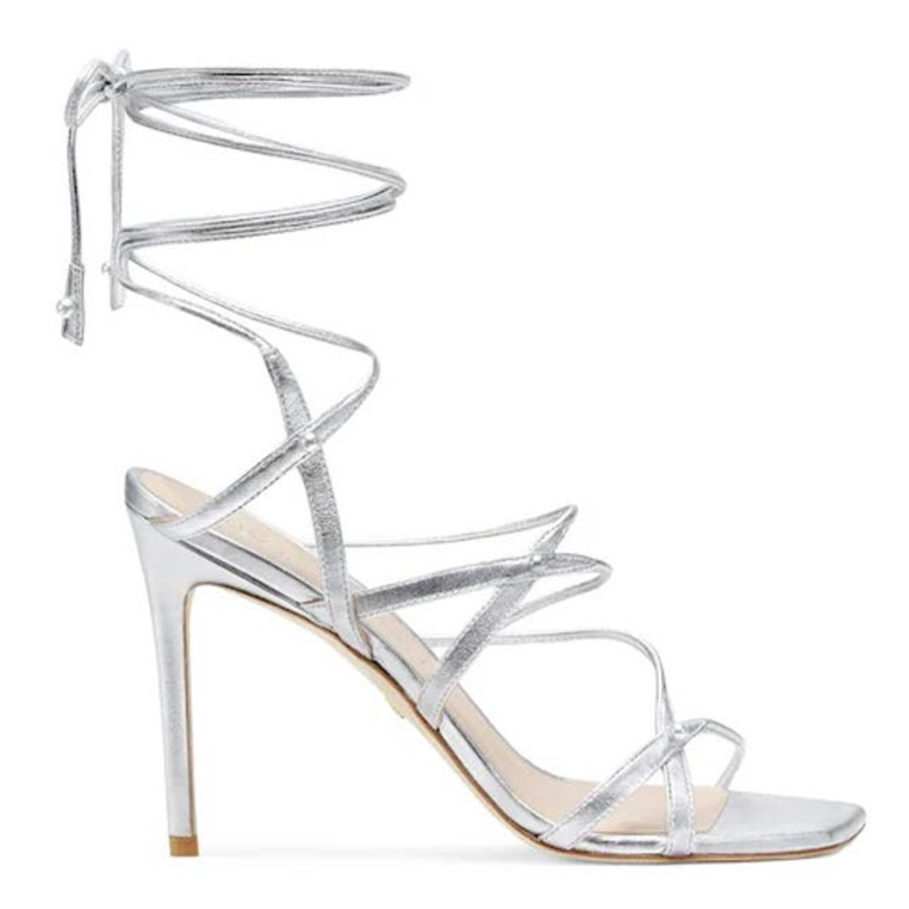 NWT Stuart Weitzman Astrid Silver Leather Ankle Wrap Sandal Pumps Size 10